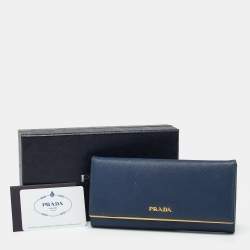 Pre Owned Prada Blue Saffiano Metal Frame Leather Flap Continental Wallet