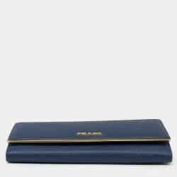Pre Owned Prada Blue Saffiano Metal Frame Leather Flap Continental Wallet