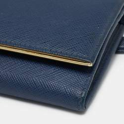 Pre Owned Prada Blue Saffiano Metal Frame Leather Flap Continental Wallet