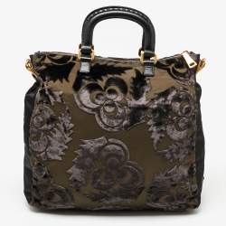 Pre Owned Prada Black/Olive Green Nylon and Velvet Velluto Jacquard Tote