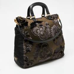 Pre Owned Prada Black/Olive Green Nylon and Velvet Velluto Jacquard Tote