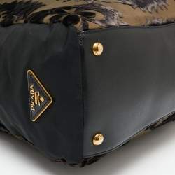 Pre Owned Prada Black/Olive Green Nylon and Velvet Velluto Jacquard Tote