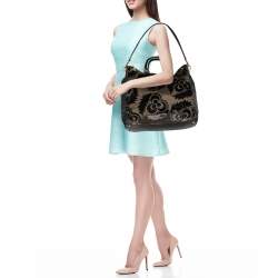 Pre Owned Prada Black/Olive Green Nylon and Velvet Velluto Jacquard Tote