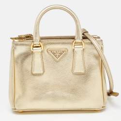 Pre Owned Prada Gold Saffiano Patent Leather Mini Galleria Double Zip Tote