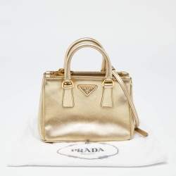 Pre Owned Prada Gold Saffiano Patent Leather Mini Galleria Double Zip Tote