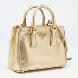 Pre Owned Prada Gold Saffiano Patent Leather Mini Galleria Double Zip Tote