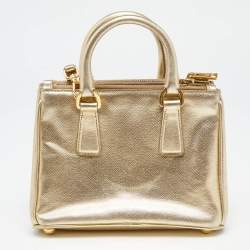 Pre Owned Prada Gold Saffiano Patent Leather Mini Galleria Double Zip Tote
