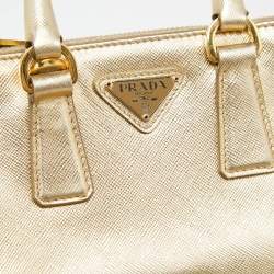 Pre Owned Prada Gold Saffiano Patent Leather Mini Galleria Double Zip Tote