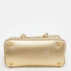 Pre Owned Prada Gold Saffiano Patent Leather Mini Galleria Double Zip Tote
