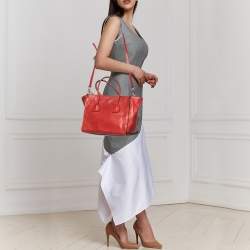 Pre Owned Prada Red Leather Glace Calf Double Zip Tote