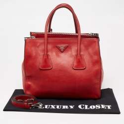 Pre Owned Prada Red Leather Glace Calf Double Zip Tote