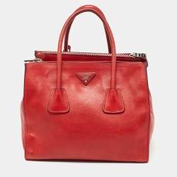 Pre Owned Prada Red Leather Glace Calf Double Zip Tote