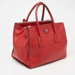 Pre Owned Prada Red Leather Glace Calf Double Zip Tote