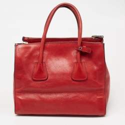 Pre Owned Prada Red Leather Glace Calf Double Zip Tote