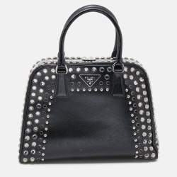 Prada Black Saffiano Lux Leather Studded Pyramid Frame Satchel