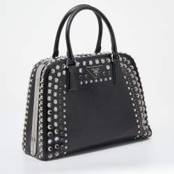 Pre Owned Prada Black Saffiano Lux Leather Studded Pyramid Frame Satchel