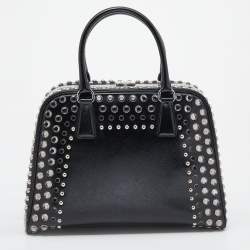 Pre Owned Prada Black Saffiano Lux Leather Studded Pyramid Frame Satchel