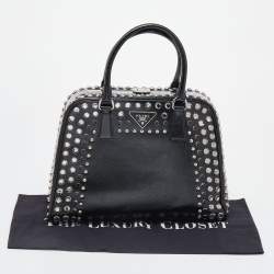 Pre Owned Prada Black Saffiano Lux Leather Studded Pyramid Frame Satchel