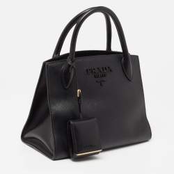 Pre Owned Prada Black Saffiano Cuir Leather Small Monochrome Tote