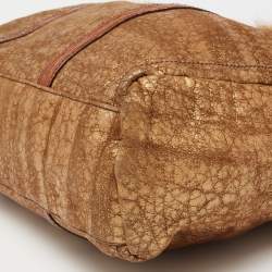 Pre Owned Prada Gold Textured Leather and Mink Fur Trim Tote