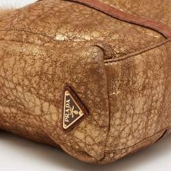 Pre Owned Prada Gold Textured Leather and Mink Fur Trim Tote