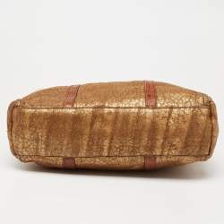 Pre Owned Prada Gold Textured Leather and Mink Fur Trim Tote