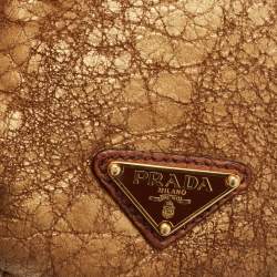 Pre Owned Prada Gold Textured Leather and Mink Fur Trim Tote