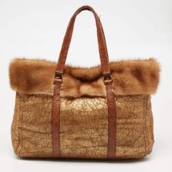 Pre Owned Prada Gold Textured Leather and Mink Fur Trim Tote