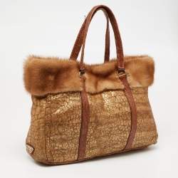 Pre Owned Prada Gold Textured Leather and Mink Fur Trim Tote
