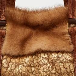 Pre Owned Prada Gold Textured Leather and Mink Fur Trim Tote