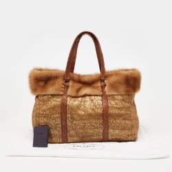 Pre Owned Prada Gold Textured Leather and Mink Fur Trim Tote