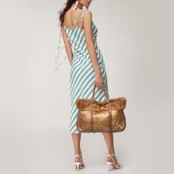 Pre Owned Prada Gold Textured Leather and Mink Fur Trim Tote