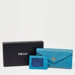 Pre Owned Prada Blue Saffiano Metal Leather Envelope Flap Continental Wallet