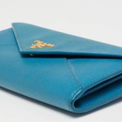 Pre Owned Prada Blue Saffiano Metal Leather Envelope Flap Continental Wallet