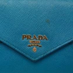 Pre Owned Prada Blue Saffiano Metal Leather Envelope Flap Continental Wallet