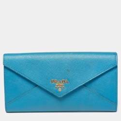 Pre Owned Prada Blue Saffiano Metal Leather Envelope Flap Continental Wallet