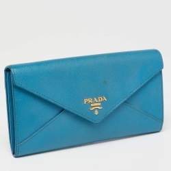 Pre Owned Prada Blue Saffiano Metal Leather Envelope Flap Continental Wallet
