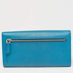 Pre Owned Prada Blue Saffiano Metal Leather Envelope Flap Continental Wallet