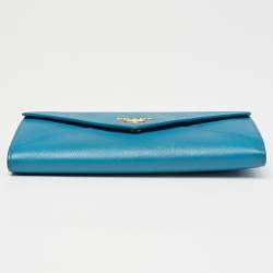 Pre Owned Prada Blue Saffiano Metal Leather Envelope Flap Continental Wallet