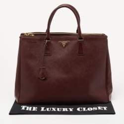 Pre Owned  Prada Dark Red Saffiano Lux Leather Executive Double Zip Tote