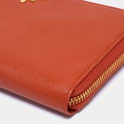 Pre Owned Prada Orange Saffiano Leather Zip Around Continental Wallet