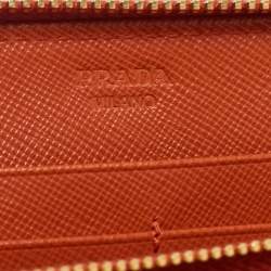 Pre Owned Prada Orange Saffiano Leather Zip Around Continental Wallet