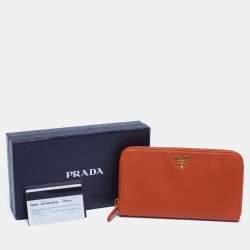 Pre Owned Prada Orange Saffiano Leather Zip Around Continental Wallet