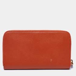 Pre Owned Prada Orange Saffiano Leather Zip Around Continental Wallet