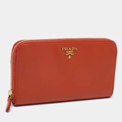 Pre Owned Prada Orange Saffiano Leather Zip Around Continental Wallet