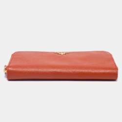 Pre Owned Prada Orange Saffiano Leather Zip Around Continental Wallet