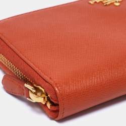 Pre Owned Prada Orange Saffiano Leather Zip Around Continental Wallet
