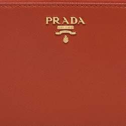 Pre Owned Prada Orange Saffiano Leather Zip Around Continental Wallet