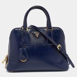 Pre Owned Prada Navy Blue Saffiano Patent Leather Small Promenade Satchel