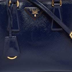 Pre Owned Prada Navy Blue Saffiano Patent Leather Small Promenade Satchel